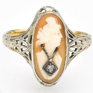 Antique 14k White Gold Oval Cameo & Diamond Ring 1.  4 Grams Size 4.  5
