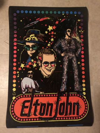 Vintage 1975 Elton John Flocked Velvet Blacklight Poster Near