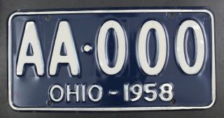 Vintage 1958 Ohio Sample License Plate Aa - 000