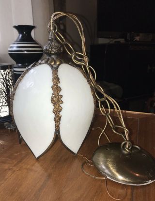 Vintage Retro Tulip Flower Ceiling Hanging Stained Glass Swag Lamp White Mcm