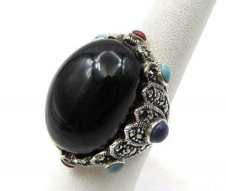 Vintage 925 Sterling Silver - Cabochon Cut Onyx & Gemstones Ring Sz 8 - R1028