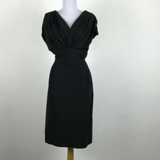 Vintage 1950s 40s Dress Sz Xl 2xl Black Rayon Belt Sheath Cocktail Party Ruched