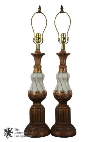 2 Vintage Designer Table Lamps Pair Set Painted Bronze Columns Acanthus Leaves