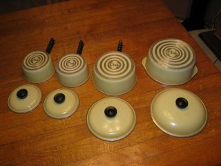 8 Piece Vintage 1950’s Club Aluminum Set Of 4 Harvest Yellow Pots & Pans -