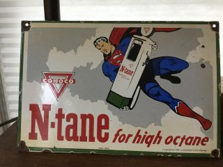 Vintage Superman Conoco Gas Porcelain Sign