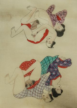 Japanese Vintage Shunga Erotic Art Scroll 12 Illustrations Painted On Silk