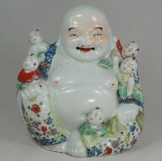 Antique Chinese Republic Porcelain Laughing Happy Buddha Boys Figurine Statue