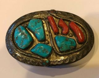Vintage Zuni Wayne Cheama Sterling Silver Turquoise & Coral Snake Belt Buckle