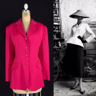 Vintage 80s Christian Dior Couture Bright Pink Iconic Bar Jacket Blazer Size 12