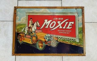 Rare Vintage 1930s Drink Moxie 5 Cent Tin Embossed Soda Sign