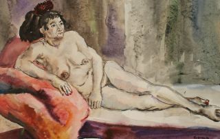 Vintage Italian Nude Woman Portrait Watercolor Painting Signed Pirandello