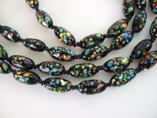 Vintage Confetti Foiled Murano Venetian Glass Bead Necklace 46” Long