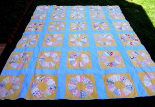 Vintage Large Hand Stitched Flower Garden/daisy Yellow/blue Multi - Color Quilt