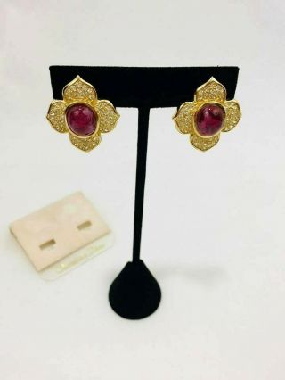 Christian Dior Signed Vtg Faux Ruby Gold Tone Clip Earrings Statement
