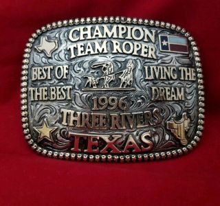 1996 Rodeo Trophy Buckle Vintage Three Rivers Texas Team Roping - Leo Smith 473