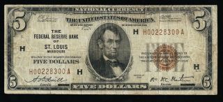 1929 $5 The Federal Reserve Bank Of St.  Louis,  Mo.  (vary Rare) Fr.  1850 - H