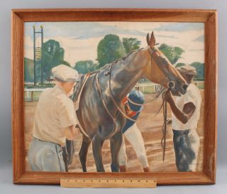 Vintage Signed Saratoga York Horse Race & Jockey Equestrian Oil Painting,  Nr