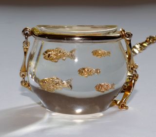 Vintage 1950s Castlecliff Lucite Goldfish Bowl Gold Necklace Fish Bowl Pendant