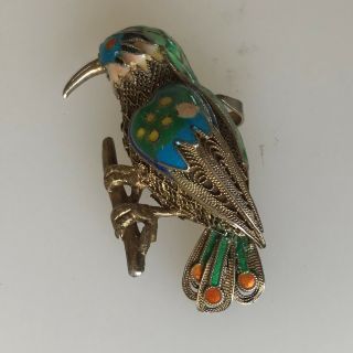 Vintage Chinese Sterling Silver & Enamel Filigree Bird Pin Pendant Hummingbird ?