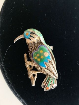 Vintage Chinese Sterling Silver & Enamel Filigree Bird Pin Pendant Hummingbird ? 4