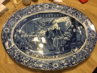 Japan - Vintage - Flow Blue Platter - “the Declaration Of Independence” - Blue & White -