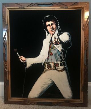 Vintage Elvis Presley Black Velvet Painting Signed Art In Frame