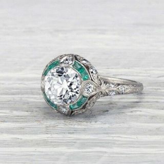 3.  40ct Round Cut Diamond And Emerald Antique Art Deco Engagement Ring 925 Silver