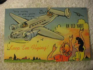 Vintage Linen Ww2 Airplane Comic Keep Em Flying Postcard,  World War 2