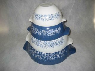 Vintage Pyrex Set Of 4 Colonial Mist Cinderella Nesting Mixing Bowls Blue White