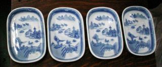 4) Rare 19thc Chinese Export Rectangle Blue & White Canton Dishes 6 1/2 X 4 3/8 "