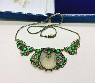 Vintage Jewellery Czech Art Deco Green Rhinestone/opaque Glass Filigree Necklace