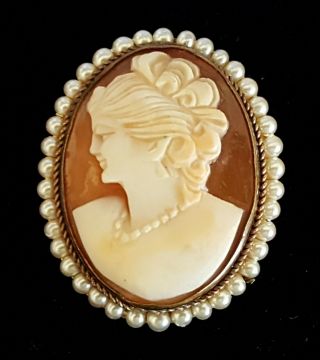 Carved Shell Cameo & Seed Pearl Vintage Victorian Antique Brooch