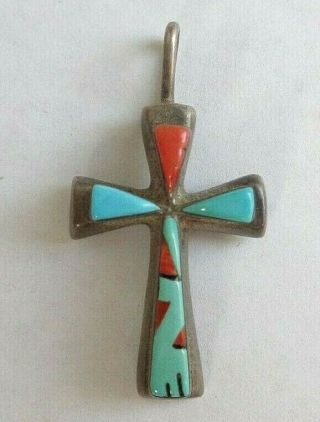 Vintage Zuni Jeff Shetima Sterling Silver Turquoise Cross Pendant Signe7