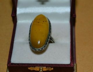 Vintage Old Antique Baltic Amber Ring Yellow German Silver (nickel) 9,  8 Gr