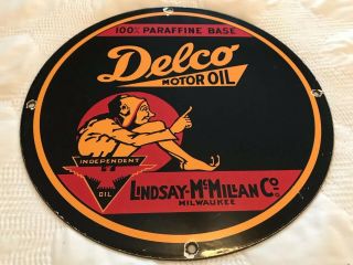 Vintage Delco Motor Oil Porcelain Sign,  Pump Plate,  Gas Station,  Gasoline