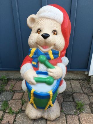 30 " Tpi Brown Santa Bear Drum Gift Xmas Blowmold Light Vtg Outdoor Plastic Up