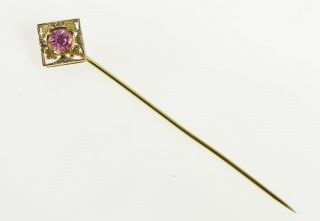 14k Ornate Victorian Syn.  Pink Sapphire Square Stick Pin Yellow Gold 63