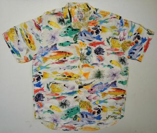 Vtg 80s/90s Jams World Rayon Hawaiian Shirt Lg Abstract Tropical Fish Print Art
