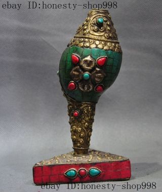 6 " Old Tibet Buddhism Silver Inlay Turquoise Red Coral Conch Shell Trumpet Horn A
