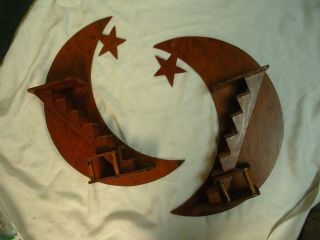 Pair Vtg 60s Crescent Moon Stairway Mid Century Knick Knack Wooden Wall Shelf