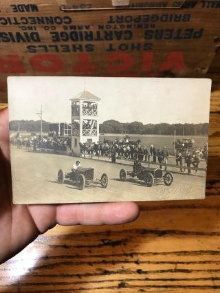 Vintage Real Photo Postcard Early Racing Cars Rppc Race Track 2 Cars Racing