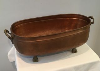 Vintage Solid Copper 20 " Long Oval Planter W Brass Claw Feet & Handles