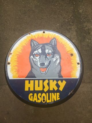 Husky Gasoline Porcelain Sign Motor Oil Gas Vintage Pump Plate