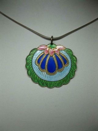 Lotus Flower Pendant Enamel Silver Art Deco Antique