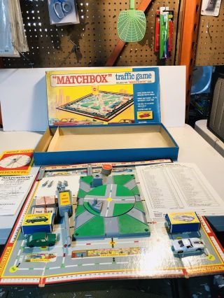 Vintage 1968 Matchbox Traffic Game W/ 2 Cars In Boxes,  Instructions
