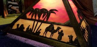Vintage Tiffany Style Stained Glass Pyramid Lamp Egyptian Caravan Sunset Scene