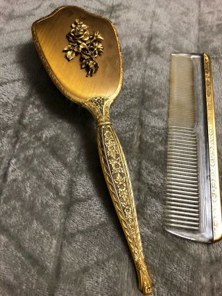 Vintage Brush Comb Handheld Mirror Vanity Set Gold Plated 3 Piece Gold Plated 2
