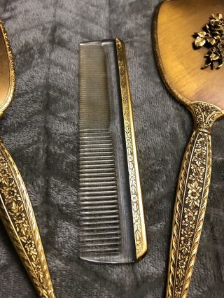 Vintage Brush Comb Handheld Mirror Vanity Set Gold Plated 3 Piece Gold Plated 3
