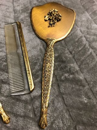 Vintage Brush Comb Handheld Mirror Vanity Set Gold Plated 3 Piece Gold Plated 4