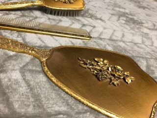 Vintage Brush Comb Handheld Mirror Vanity Set Gold Plated 3 Piece Gold Plated 6